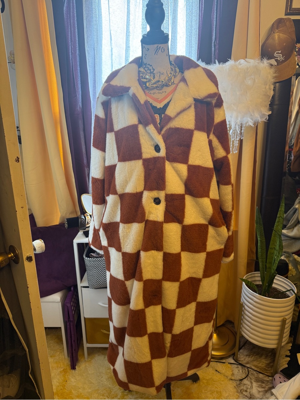 SHEIN Brown & Cream Checkerboard Teddy Coat